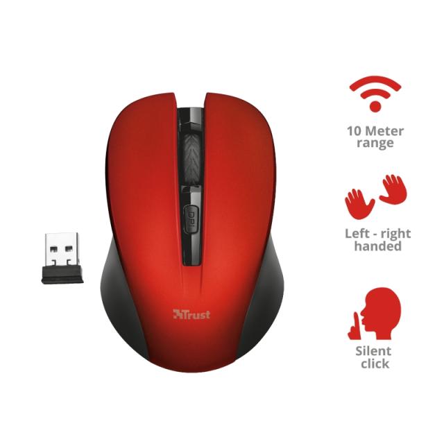 Мишка Trust Mydo Silent, оптична (1800 dpi), Wireless, червена