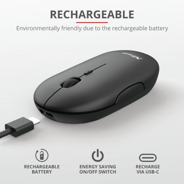 Мишка TRUST Puck Bluetooth/Wireless, Rechargeable, черен