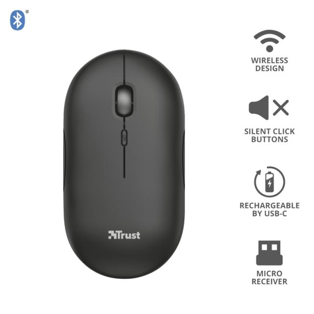 Мишка TRUST Puck Bluetooth/Wireless, Rechargeable, черен