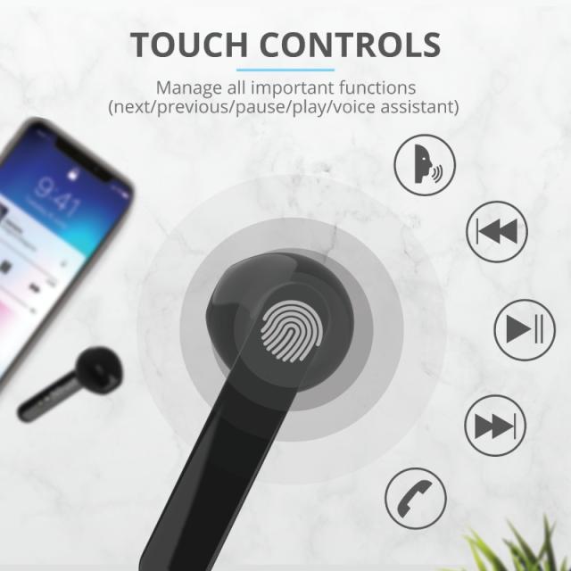 Слушалки Trust Primo Touch Bluetooth, микрофон, с кутия за зареждане, Черен