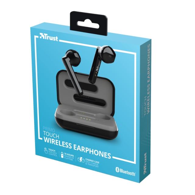Слушалки Trust Primo Touch Bluetooth, микрофон, с кутия за зареждане, Черен