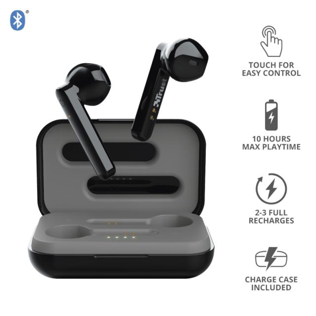Слушалки Trust Primo Touch Bluetooth, микрофон, с кутия за зареждане, Черен