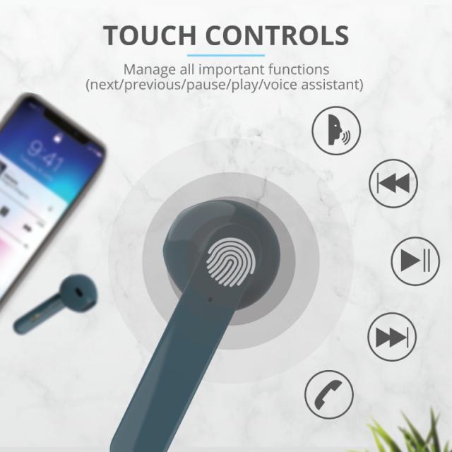 Слушалки Trust Primo Touch Bluetooth, микрофон, с кутия за зареждане, Сини