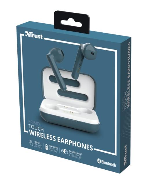 Слушалки Trust Primo Touch Bluetooth, микрофон, с кутия за зареждане, Сини