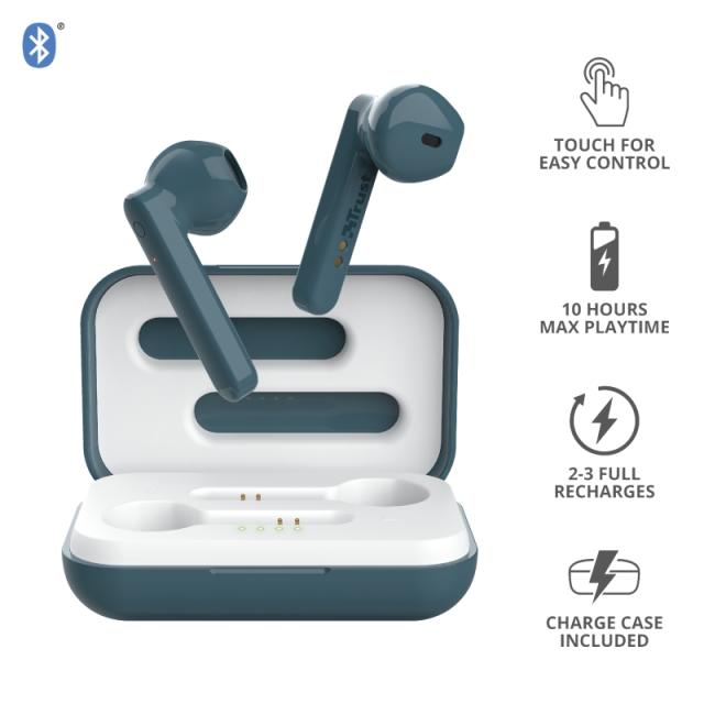 Слушалки Trust Primo Touch Bluetooth, микрофон, с кутия за зареждане, Сини