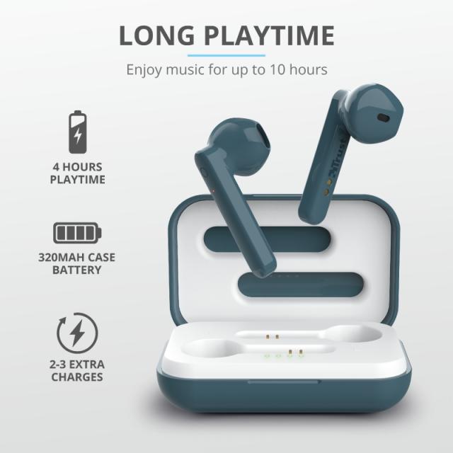 Слушалки Trust Primo Touch Bluetooth, микрофон, с кутия за зареждане, Сини