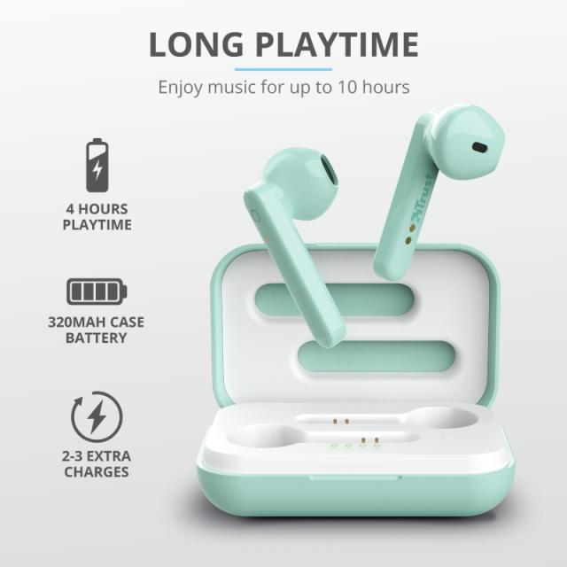 Слушалки Trust Primo Touch Bluetooth, микрофон, с кутия за зареждане, Зелени