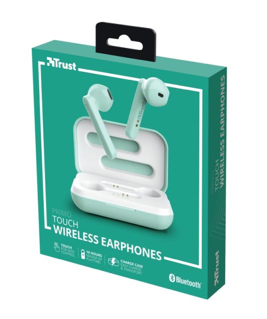 Слушалки Trust Primo Touch Bluetooth, микрофон, с кутия за зареждане, Зелени