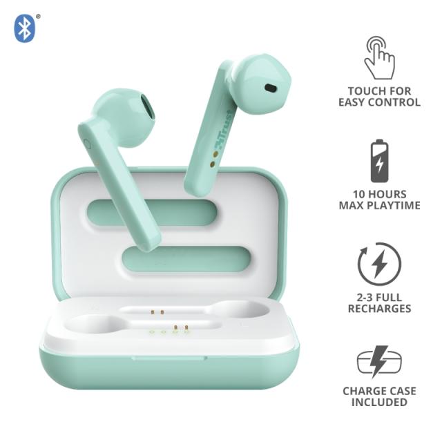 Слушалки Trust Primo Touch Bluetooth, микрофон, с кутия за зареждане, Зелени