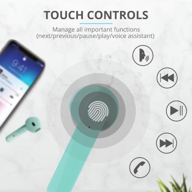 Слушалки Trust Primo Touch Bluetooth, микрофон, с кутия за зареждане, Зелени