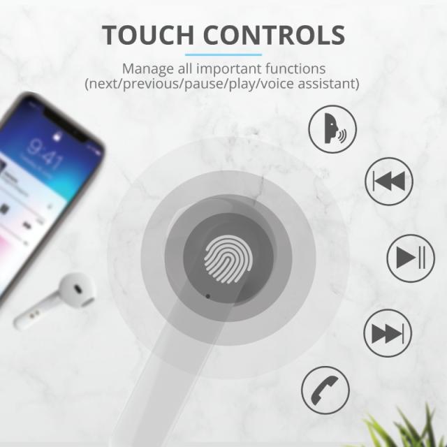 Слушалки Trust Primo Touch Bluetooth, микрофон, с кутия за зареждане, Бял