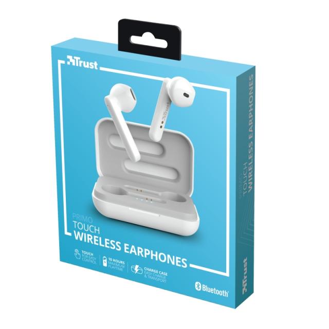 Слушалки Trust Primo Touch Bluetooth, микрофон, с кутия за зареждане, Бял