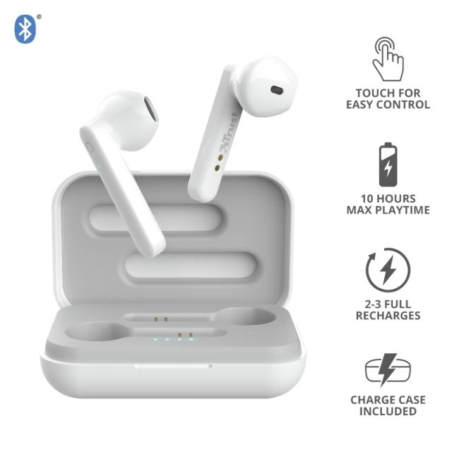 Слушалки Trust Primo Touch Bluetooth, микрофон, с кутия за зареждане, Бял