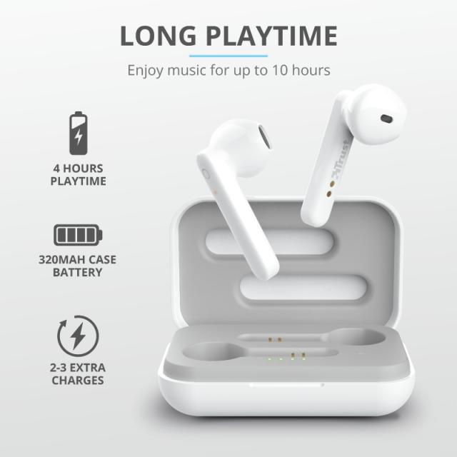 Слушалки Trust Primo Touch Bluetooth, микрофон, с кутия за зареждане, Бял