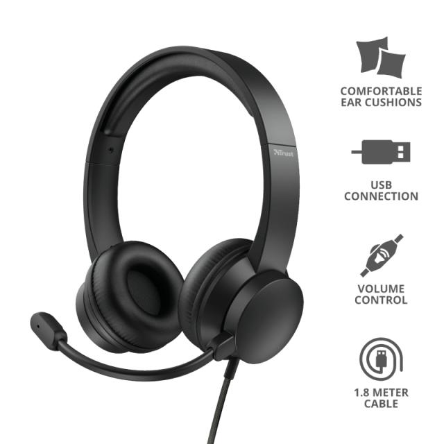 Слушалки Trust Rydo, микрофон, USB, Черни