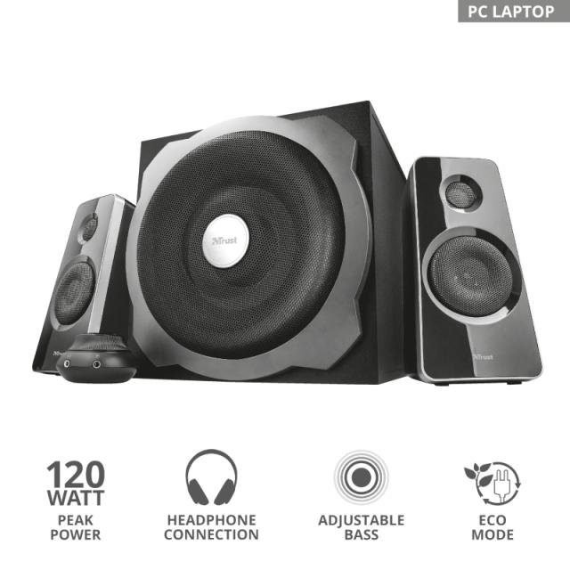 Тонколони TRUST Tytan, 2.1, 60W, 3.5мм жак, черни, жично дистанционно