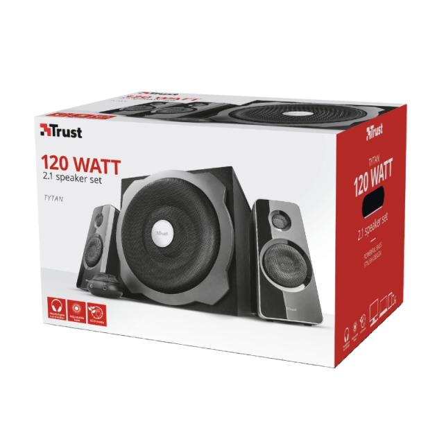 Тонколони TRUST Tytan, 2.1, 60W, 3.5мм жак, черни, жично дистанционно