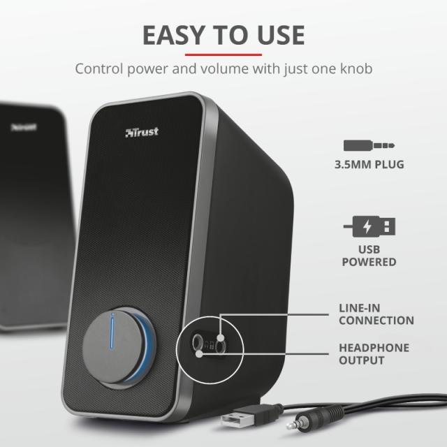 Тонколони Trust Arys, 2.0, 14W, USB, черни