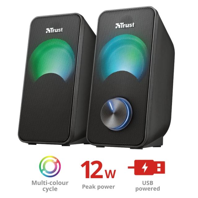 Тонколони Trust Arys RGB Compact, 2.0, 6W, RGB подсветка, 3.5mm AUX, черен