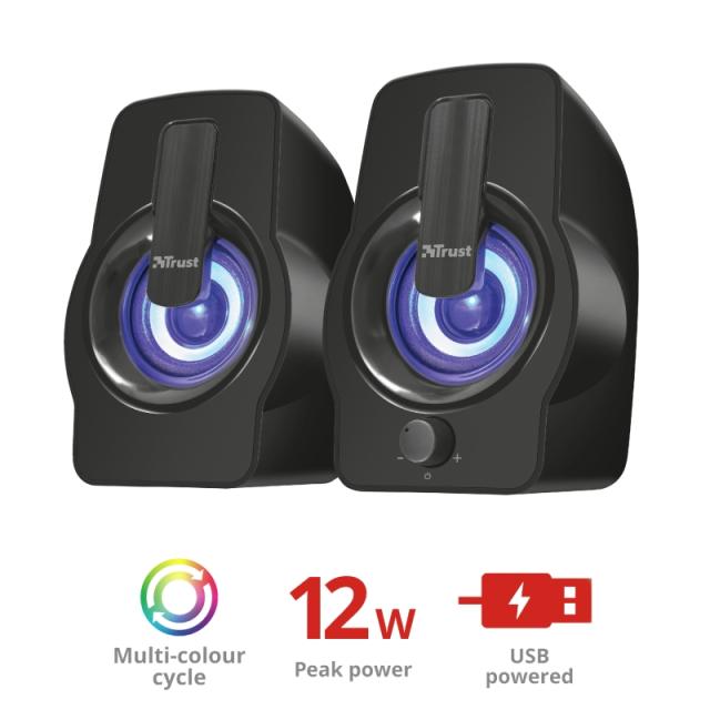 Тонколони Trust Gemi, 2.0, 6W RMS, USB, 3.5mm jack, RGB подсветка, черни
