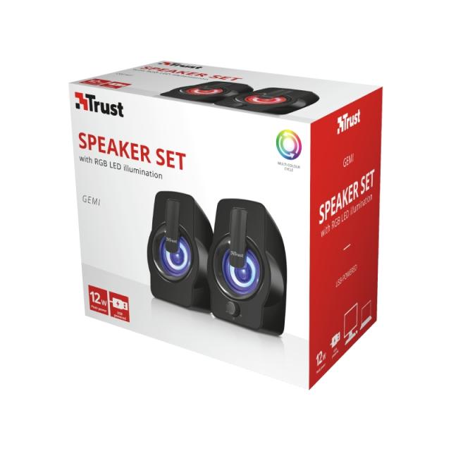 Тонколони Trust Gemi, 2.0, 6W RMS, USB, 3.5mm jack, RGB подсветка, черни