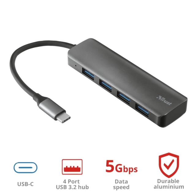 USB хъб TRUST Halyx Alum. USB-C to 4 x USB 3.2, Сив