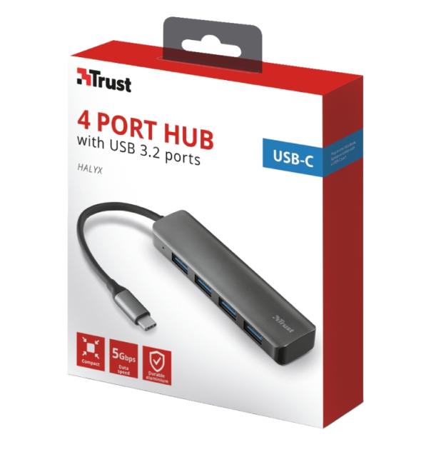 USB хъб TRUST Halyx Alum. USB-C to 4 x USB 3.2, Сив