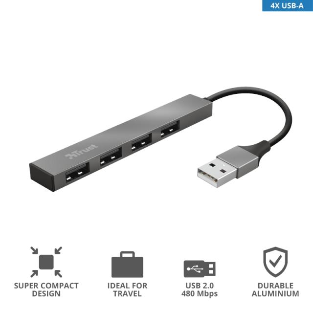 USB хъб TRUST Halyx 4 x USB 2.0 480 Mb/s, Сив