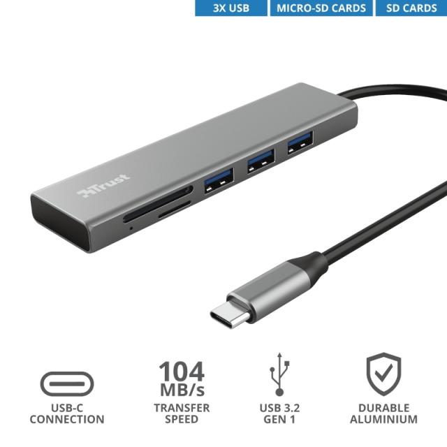 Мултипортов адаптер TRUST Halyx Fast USB-C Hub & Card Reader