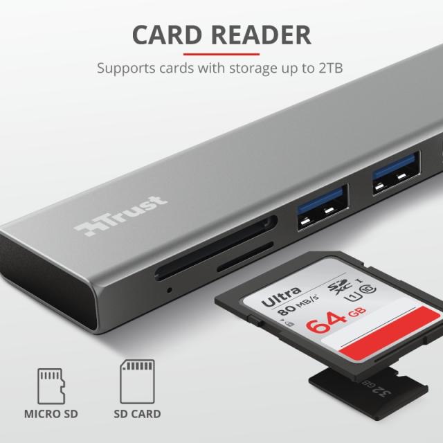 Мултипортов адаптер TRUST Halyx Fast USB-C Hub & Card Reader