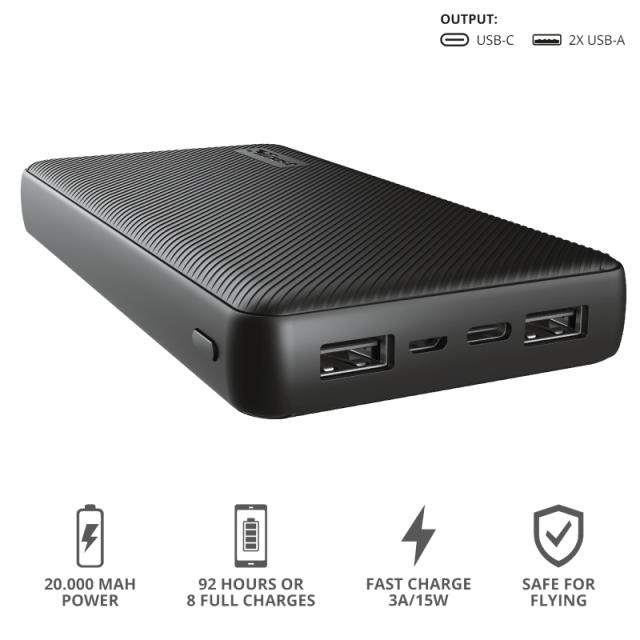 Външна батерия TRUST Primo Fast Powerbank 20 000 mAh, Черен