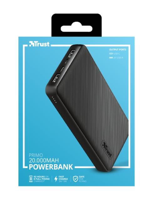 Външна батерия TRUST Primo Fast Powerbank 20 000 mAh, Черен