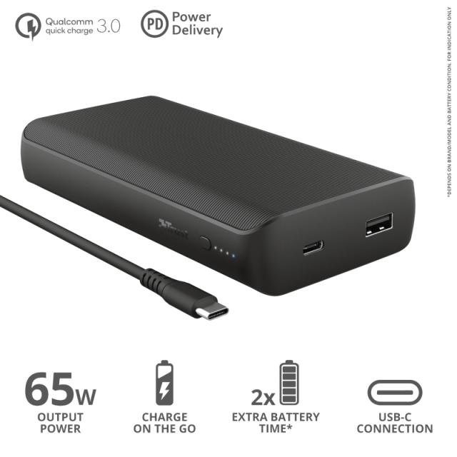 Външна батерия TRUST 23892, 20 000 mAh, Laro 65W, USB / Type-C, за лаптоп