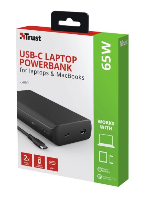 Външна батерия TRUST 23892, 20 000 mAh, Laro 65W, USB / Type-C, за лаптоп