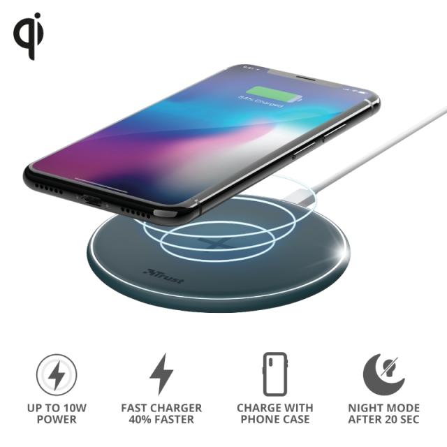 Зарядно устройство TRUST Qylo Fast Wireless Charging Pad Blue