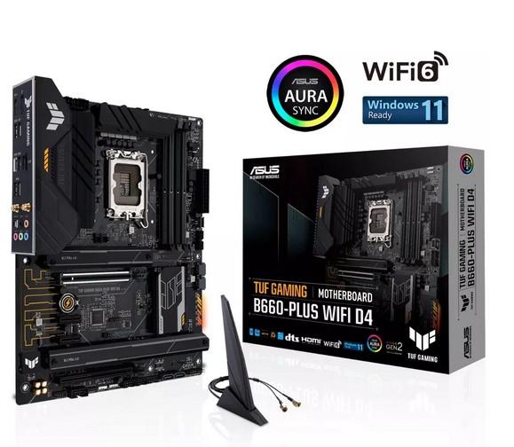 Дънна платка Asus TUF Gaming B660-Plus WIFI D4, B660, LGA 1700, 4 x DDR4, PCI-E 5.0, (DP / HDMI), 4x SATA 6Gb/s, 3x M.2, 1x USB 3.2 Gen 2x2 Type-C, AURA Sync, ATX