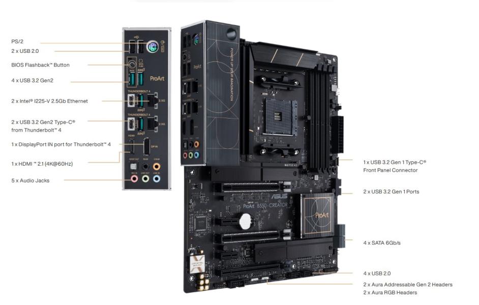 Дънна платка Asus ProArt B550-CREATOR, AM4, 4xDDR4, PCI-E 4.0 (HDMI, DP), 4x SATA 6Gb/s, 2x M.2, 2x Thunderbolt 4, ATX