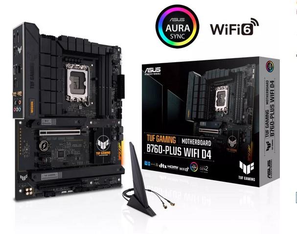 Дънна платка ASUS TUF Gaming B760-Plus WIFI D4, B760, LGA1700, 4xDDR4, PCI-E 5.0, (DP&HDMI), 4x SATA 6Gb/s, 3x M.2, 1x USB 3.2 Gen 2x2 Type-C, Wi-Fi 6, Bluetooth v5.2, ATX