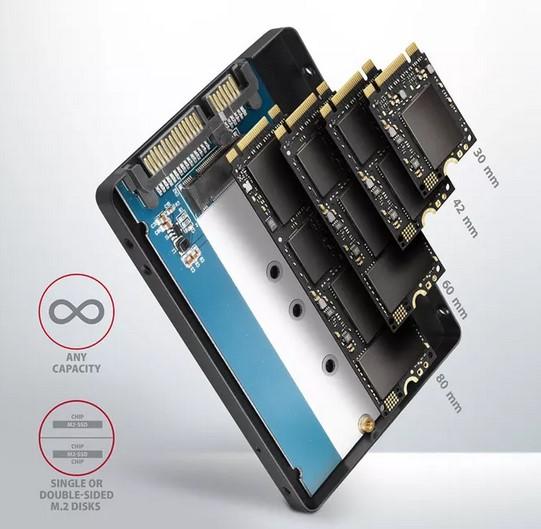 Преходник AXAGON RSS-M2B SATA - M.2 SSD SATA, up to 80mm SSD, ALU body, black
