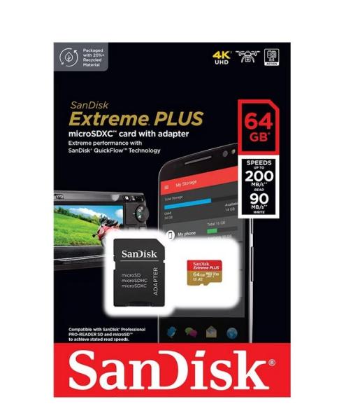 Карта памет SanDisk Extreme PLUS microSDXC 64GB + SD Adapter, A2 C10 V30 UHS-I U8, up to 200MB/s & 90MB/s Read/Write 