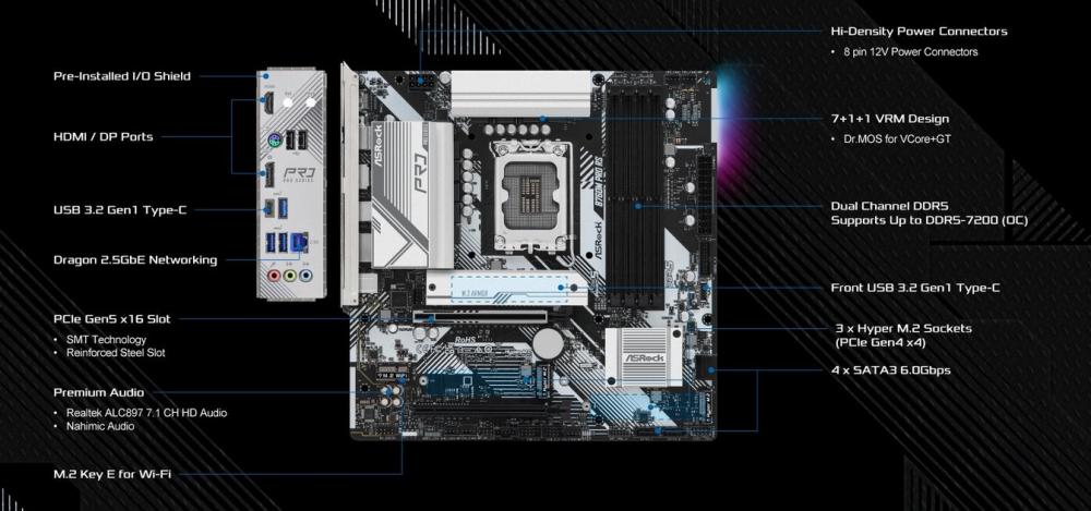 Дънна платка ASRock B760M Pro RS, LGA1700, DDR5, PCIe 5.0 (HDMI/DP)(CrossFire), 3x M.2, 4x SATA 6Gb/s, 3x USB 3.2 Gen1 Type-A, 1x USB 3.2 Gen1 Type-C, mATX