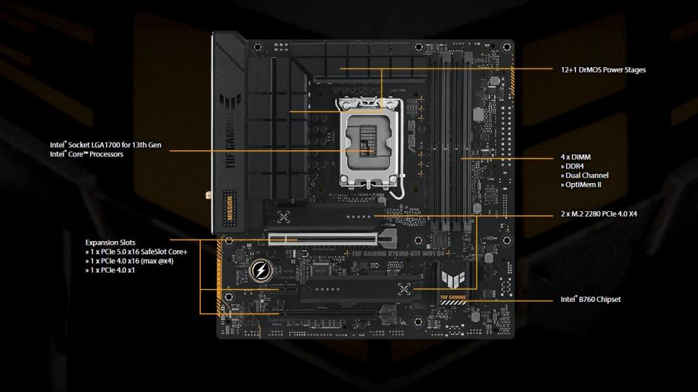 Дънна платка ASUS TUF GAMING B760M-BTF WIFI D4, LGA1700, 4x DDR4, 4x SATA 3x M.2, Wi-Fi, Bluetooth, HDMI/DP, microATX