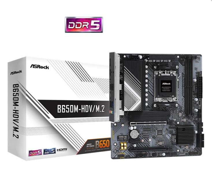 Дънна платка ASRock B650M-HDV/M.2, B650, AM5, DDR5, PCIe 4.0, 1x M.2, 4x SATA 6Gb/s, 1x USB 3.2 Type-C, 2x USB 3.2 Gen 1, Micro ATX