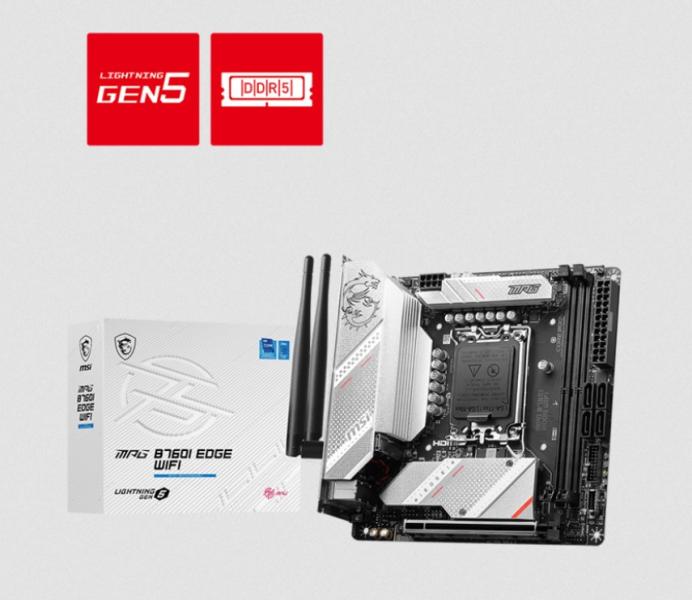Дънна платка MSI MPG B760I EDGE WIFI, LGA 1700, 2x DDR5, 2x M.2 slots, 1x HDMI, 1x DP, 2x USB 3.2 Gen 1, 1x USB 3.2 Gen 2, 2x USB 2.0, Type-C, 7.1 HD Audio, 2.5Gbps LAN, WI-FI 6E, BT, Mini-ITX