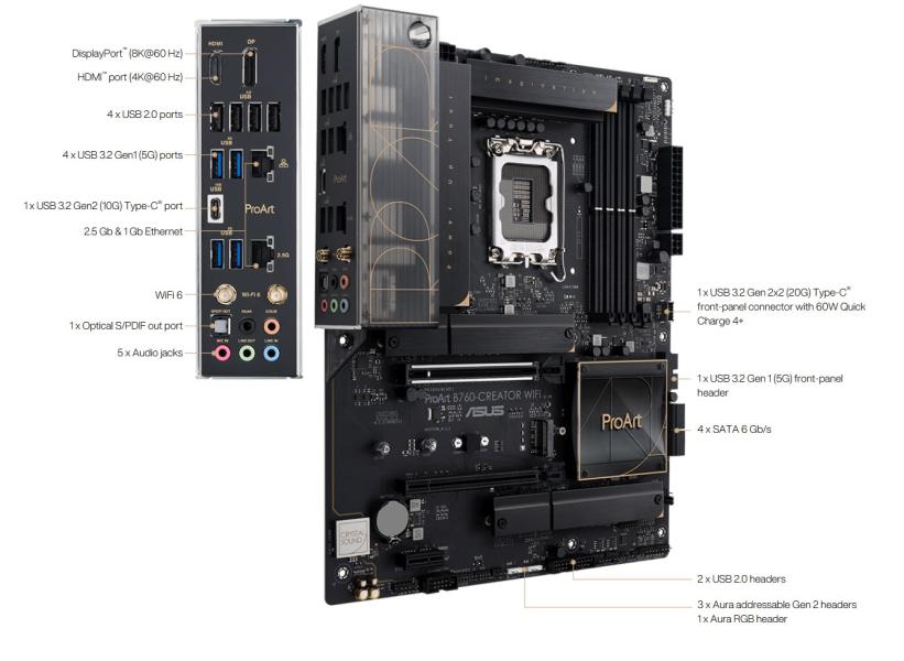 Дънна платка ASUS ProArt B760-Creator WiFi, LGA 1700, 4x DDR5, PCIe 5.0, 3 x M.2, 4x SATA 6Gb/s ports, Wi-Fi 6, BT, 1x USB Type-C, ATX
