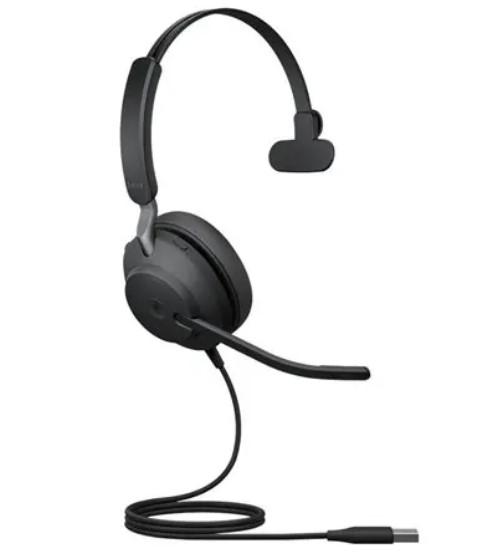 Слушалки Jabra Evolve2 40 MS Mono, микрофон, шумоизолиращ дизайн, светлинна индикация за заетост, USB Type-A, черни