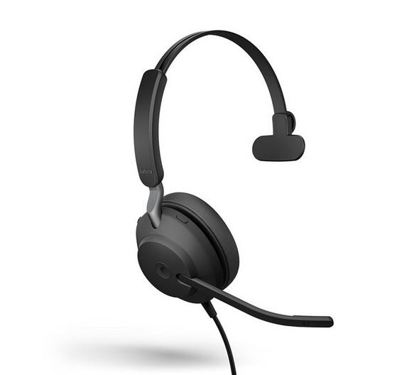 Слушалки Jabra Evolve2 40 MS Mono, микрофон, шумоизолиращ дизайн, светлинна индикация за заетост, USB Type-A, черни