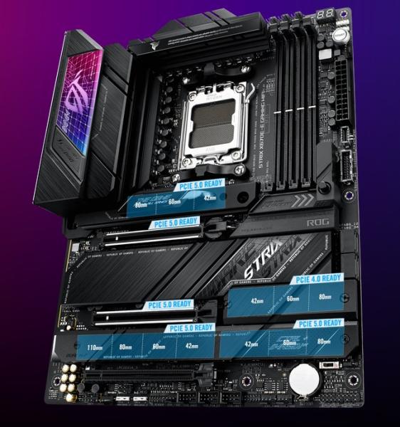 Дънна платка Asus ROG Strix X670E-E Gaming WIFI, X670E, AM5, DDR5, PCI-E 5.0 (HDMI, DP), 4x M.2, 4x SATA 6Gb/s, 1x USB 3.2 Gen2x2 Type-C, Wi-Fi 6E, Bluetooth 5.2, ATX