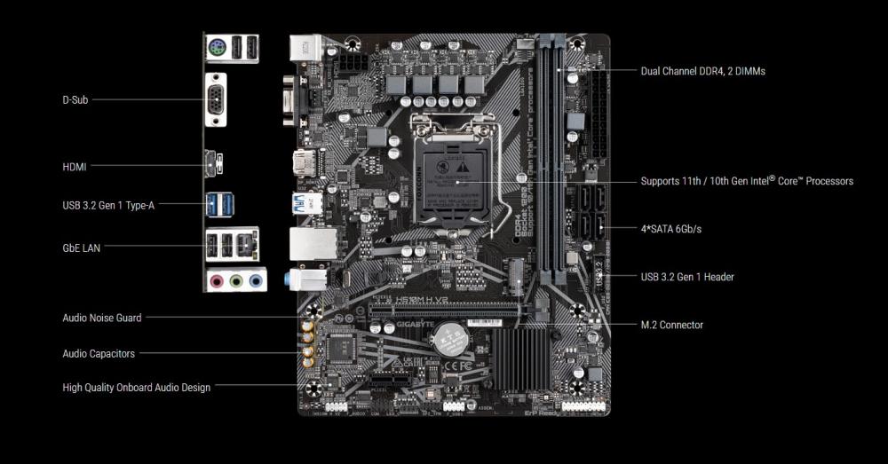 Дънна платка GIGABYTE H510M H V2, LGA1200, 2x DDR4, 1 x M.2, 4 x SATA 6Gb/s, VGA, HDMI, mATX