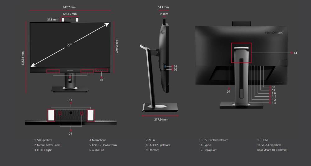 Монитор ViewSonic VG2756V-2K, 27" (68.58 cm) IPS панел, QHD, 5ms, 80M:1, 350 cd/m2, Webcam, DisplayPort, HDMI, LAN, USB Type C, USB